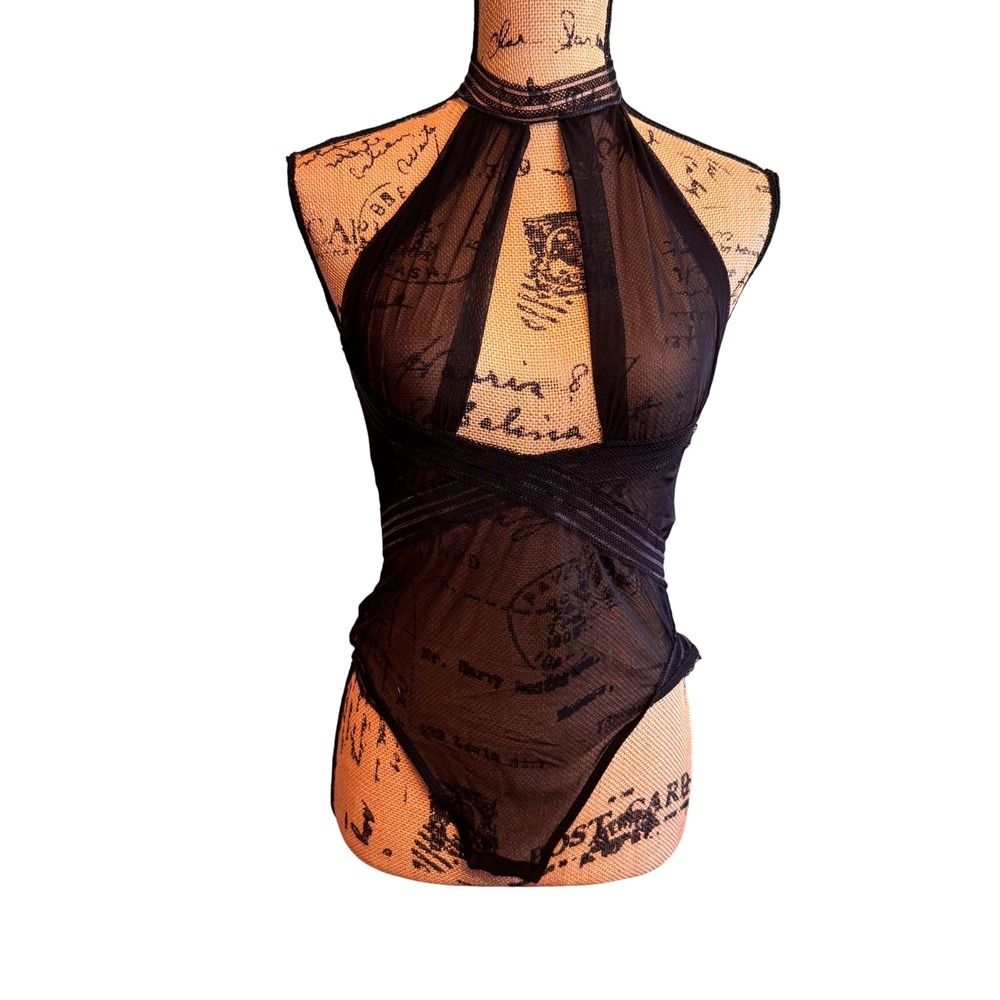 Oh La La Cheri Paris Black Sheer Mesh Halter Bodysuit Lingerie One Size O/S